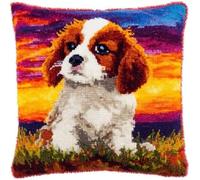 kitphoenix Beginner Latch Hook Cushion Cover Kit,Cavalier King Charles Dog Sit and Sunset,Adults DIY Embroidery Crochet Craft Kit with Pre-Cut Yarn and Printed Canvas,43x43 cm