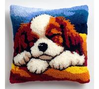 kitphoenix Beginner Latch Hook Cushion Cover Kit,Cavalier King Charles Dog Sleeping On Sofa,Adults DIY Embroidery Crochet Craft Kit with Pre-Cut Yarn and Printed Canvas,43x43 cm