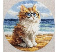 kitphoenix Cat Round Shape Latch Hook Kits Rug DIY Cushion Rug Carpet Making Crochet Hook Kits Preprinted Pattern Canvas Cushion Arylic Yarn Hooking Kits Mat Kits 50X50Cm