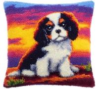 kitphoenix Cushion Cover Latch Hook Kit for Adults Beginners,Cavalier King Charles Dog Sit and Sunset,DIY Crochet Embroidery Craft Set with Yarn,Hook and Printed Canvas,43x43 cm