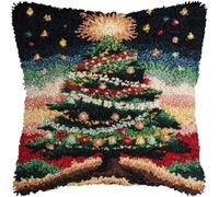 kitphoenix DIY Latch Hook Cushion Cover Kit Christmas Tree and Christmas Lights Pattern,Crochet Yarn Rug Hooking Craft Set with Hook & Pre-Printed Canvas,Needlework Pillowcase Kit 43x43cm-3