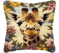 kitphoenix DIY Latch Hook Cushion Cover Kit Cute Giraffe Portrait in Flowers Pattern,Crochet Yarn Rug Hooking Craft Set with Hook & Pre-Printed Canvas,Needlework Pillowcase Kit 43x43cm-3