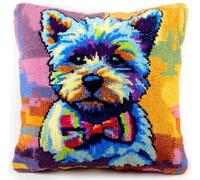 kitphoenix DIY Latch Hook Cushion Cover Kit for Adults Beginners,Cairn Terrier Dog Bow Tie,Pre-Printed Canvas with Yarn and Hook,43x43 cm Handmade Home Décor Craft Set