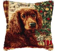 kitphoenix DIY Latch Hook Cushion Cover Kit Irish Setter Dog and Christmas Scene Pattern,Crochet Yarn Rug Hooking Craft Set with Hook & Pre-Printed Canvas,Needlework Pillowcase Kit 43x43cm-1