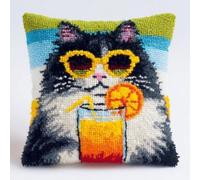 kitphoenix DIY Latch Hook Cushion Kit Norwegian Forest Cat Wear Sunglass Drink Juice,Beginner-Friendly Rug Hooking Pillow Kit,Crochet Craft Cushion Cover for Home Decor,43x43 cm-4