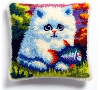 kitphoenix DIY Latch Hook Cushion Kit Persian Cat Catch Fish,Beginner-Friendly Rug Hooking Pillow Kit,Crochet Craft Cushion Cover for Home Decor,43x43 cm-2