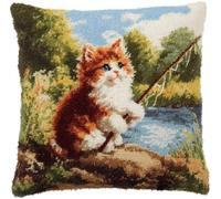 kitphoenix DIY Latch Hook Cushion Kit Persian Cat Fishing Beside River,Beginner-Friendly Rug Hooking Pillow Kit,Crochet Craft Cushion Cover for Home Decor,43x43 cm-4