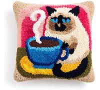 kitphoenix DIY Latch Hook Cushion Kits 43x43cm,Balinese Cat Drink Coffee Design,Beginner Friendly Craft Kits,Full Set Includes Pre-Printed Canvas & Yarn,Cushion Cover DIY-4