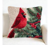 kitphoenix DIY Latch Hook Cushion Kits 43x43cm,Red Cardinal and Christmas Tree Design,Beginner Craft Set,Pre-Printed Canvas & Yarn,DIY Cushion Cover for Home Décor-1