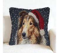 kitphoenix DIY Latch Hook Cushion Kits 43x43cm,Rough Collie Dog Portrait Christmas Background Design,Beginner Craft Set,Pre-Printed Canvas & Yarn,DIY Cushion Cover for Home Décor