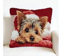 kitphoenix DIY Latch Hook Cushion Kits 43x43cm,Yorkshire Terrier Portrait Christmas Background Design,Beginner Craft Set,Pre-Printed Canvas & Yarn,DIY Cushion Cover for Home Décor-1