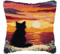kitphoenix DIY Latch Hook Kits Cushion for Aldult Black Cat Sit Under Sunset Printed Pattern Crochet Yarn Needlework Hook and Latch Pillowcase Cushion Craft Set 43x43cm-3