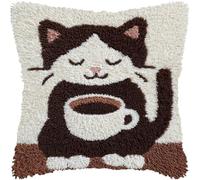 kitphoenix DIY Latch Hook Kits Cushion for Aldult Brown Cat Drink Coffee Printed Pattern Crochet Yarn Needlework Hook and Latch Pillowcase Cushion Craft Set 43x43cm