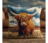kitphoenix DIY Latch Hook Kits Latch Hook Kit Highland Cattle 43X43Cm Handmade Knitted Cushion DIY Set,Complete Accessories for Craft Lovers,Modern Home Sofa Decoration