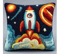 kitphoenix DIY Latch Hook Kits, Rocket Planet Stars Space 3D Pillow Materials Package Latch Hook Embroidery Kits Cross Stitch Sofa Cushion Cover with Tool Fit for Kids and Adults 17X17Inch