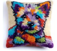 kitphoenix DIY Latch Hook Pillow Cover Kit,Cairn Terrier Dog and Bone,Adults Craft Kit with Pre-Printed Embroidery Canvas,Yarn and Hook,43x43 cm Cushion Cover for Home Décor