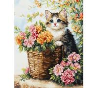 kitphoenix DIY Latch Hook Rug Kit with Printed Canvas Kitten Next to A Flower 55X75Cm Floor Mat Crochet Yarn Embroidery Hook and Latch Carpet Tapestry for Home Decoration - Adults Kid