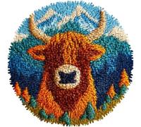 kitphoenix DIY Latch Hook Rug Kits Cute Highland Cow Moutains Easy for Beginners Children Round Carpet Crochet Yarn Craft Large Rug Hook and Latch Tapestry for Home Decor 50x50cm