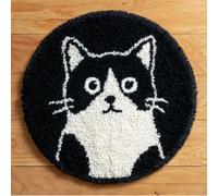 kitphoenix DIY Round Cushion Carpet Floor Mat Black and White Cat 50X50Cm Latch Hook Kits Rug Cover Canvas Round Hand Craft Crochet for Kids Adults Parents Gift