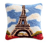kitphoenix Eiffel Tower Latch Hook Cushion Kit for Adults & Beginners,Pre-Printed Canvas Rug Making Kit,DIY Pillow Cover Craft Set 43x43 cm,Colourful Crochet Kit for Stress Relief & Mindfulness