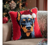 kitphoenix Festive Latch Hook Cushion Kit for Christmas,43x43 cm DIY Holiday Craft Set for Family Fun,Pre-Printed Canvas,Colourful Yarn & Tool,Christmas Doberman Pinscher