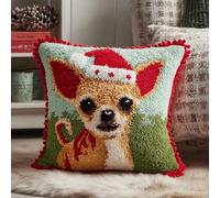 kitphoenix Festive Latch Hook Cushion Kit for Christmas,43x43 cm DIY Holiday Craft Set for Family Fun,Pre-Printed Canvas,Colourful Yarn & Tool,Christmas Chihuahua