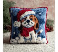 kitphoenix Festive Latch Hook Cushion Kit for Christmas,43x43 cm DIY Holiday Craft Set for Family Fun,Pre-Printed Canvas,Colourful Yarn & Tool,Christmas Beagle