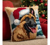kitphoenix Festive Latch Hook Cushion Kit for Christmas,43x43 cm DIY Holiday Craft Set for Family Fun,Pre-Printed Canvas,Colourful Yarn & Tool,Christmas Belgian Shepherd Dog