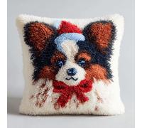 kitphoenix Festive Latch Hook Cushion Kit for Christmas,43x43 cm DIY Holiday Craft Set for Family Fun,Pre-Printed Canvas,Colourful Yarn & Tool,Christmas Papillon Dog