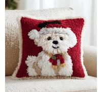 kitphoenix Handmade Christmas Cushion Kit,DIY Latch Hook Set 43x43 cm with Yarn & Printed Canvas,Beginner-Friendly Holiday Pillow Craft for Adults,Christmas Maltese Dog