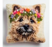 kitphoenix Latch Hook Craft Kit for Adults Beginners,Cairn Terrier Dog Wear Flower Wreath,DIY Cushion Cover Making Kit with Printed Canvas,Yarn and Crochet Hook,43x43 cm Decorative Pillow Cover