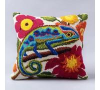 kitphoenix Latch Hook Cushion Cover Kit for Adults,Chameleon in Flowers,DIY Pre-Printed Punch Needle Embroidery Kit 43x43cm with Yarns & Hooks,Beginner Craft Gift for Women