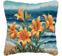 kitphoenix Latch Hook Cushion Kit 43x43cm,DIY Pillow Cover Set with Tiger Lily Flowers and Sea Background Pattern,Yarn,Hook Tool & Canvas,Rug Making Craft Kit for Adults & Beginners-2