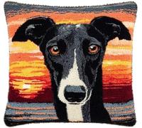 kitphoenix Latch Hook Cushion Kit Cute Greyhound Dog Face with Sunset Background with Pre-Printed Cushion Cover DIY Pillowcase Crochet Yarn Hooking Craft Set for Hobby and Home Decor 43x43cm-1