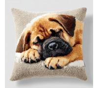 kitphoenix Latch Hook Cushion Kit for Adults,Bullmastiff Dog Sleeping On Sofa,DIY Pillow Cover Making Craft Set with Pre-Cut Yarn,Pre-Printed Canvas and Hook,43x43 cm for Beginners