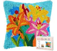 kitphoenix Latch Hook Cushion Kit Lily Flowers DIY Crochet Pillowcase Cushion Kit with Preprinted Pattern Easy for Beginners,Craft Set for Home Decor 17x17inch-12
