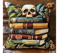 kitphoenix Latch Hook Cushion Kit -Skull On Top of The Books 17X17Inch, DIY Needlework Pillow Cover Cushion Rug Making Kit for Adults