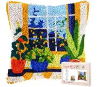 kitphoenix Latch Hook Cushion Kit,Window and Plants Beginner Friendly DIY Crochet Pillowcase,Colour Pattern Craft Kits for Home Decor,43x43 cm (17x17 Inch)-1
