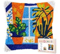 kitphoenix Latch Hook Cushion Kit,Window and Plants Beginner Friendly DIY Crochet Pillowcase,Colour Pattern Craft Kits for Home Decor,43x43 cm (17x17 Inch)-18
