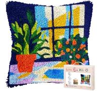 kitphoenix Latch Hook Cushion Kit,Window and Plants Beginner Friendly DIY Crochet Pillowcase,Colour Pattern Craft Kits for Home Decor,43x43 cm (17x17 Inch)-6