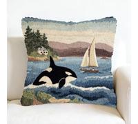 kitphoenix Latch Hook Cushion Kits 43x43cm,Killer Whale Orca and Sailboat,Beginner Friendly,Printed Canvas & Yarn,DIY Cushion Cover Craft Set-1