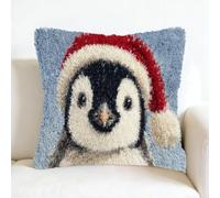 kitphoenix Latch Hook Cushion Kits 43x43cm,Penguin Portrait Christmas Background Design,Beginner Craft Set,Pre-Printed Canvas & Yarn,DIY Cushion Cover for Home Décor