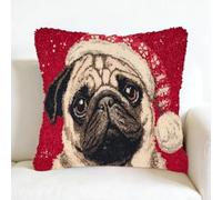 kitphoenix Latch Hook Cushion Kits 43x43cm,Pug Dog Portrait Christmas Background Design,Beginner Craft Set,Pre-Printed Canvas & Yarn,DIY Cushion Cover for Home Décor-3