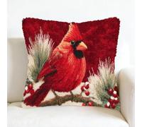 kitphoenix Latch Hook Cushion Kits 43x43cm,Red Cardinal with Christmas Background Design,Beginner Craft Set,Pre-Printed Canvas & Yarn,DIY Cushion Cover for Home Décor