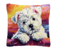 kitphoenix Latch Hook Cushion Kits for Adults 17X17Inch,White Puppy Latch Hook Pillow Case Kits Embroidery Kits 43X43Cm, DIY Needlework Pillow Cover Cushion Rug Making Kit, DIY Craft Kit for Women