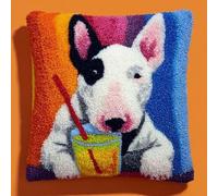 kitphoenix Latch Hook Kit for Adults Beginners,Bull Terrier Dog Drink Juice,DIY Cushion Cover Craft Kit,Pre-Printed Rug Making Embroidery Crochet Kit with Yarn & Hook,43x43 cm Pillow Cover Making Set