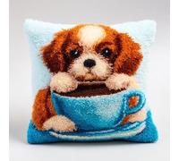 kitphoenix Latch Hook Kit for Adults Beginners,Cavalier King Charles Dog Drink Coffee,DIY Cushion Cover Kit,Rug Hooking Craft Kit with Pre-Printed Canvas,Yarn and Hook,43x43 cm Pillow Cover