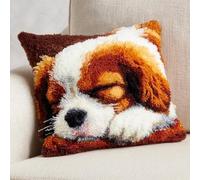 kitphoenix Latch Hook Kit for Adults Beginners,Cavalier King Charles Dog Sleeping On Sofa,DIY Cushion Cover Craft Kit with Pre-Printed Canvas,Yarn and Hook,43x43 cm Pillow Cover Making Set