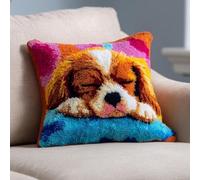 kitphoenix Latch Hook Kit for Adults,Cavalier King Charles Dog Sleeping On Sofa DIY Cushion Cover,Pre-Printed Embroidery Crochet Kit for Beginners,43x43cm,Craft Gift for Women