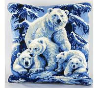 kitphoenix Latch Hook Kit for Adults, Pillow Case Kits, A Family of Polar Bears DIY Latch Hook Cushion Kits 17X17Inch, Cross Stitch Embroidery Kits Home Decor